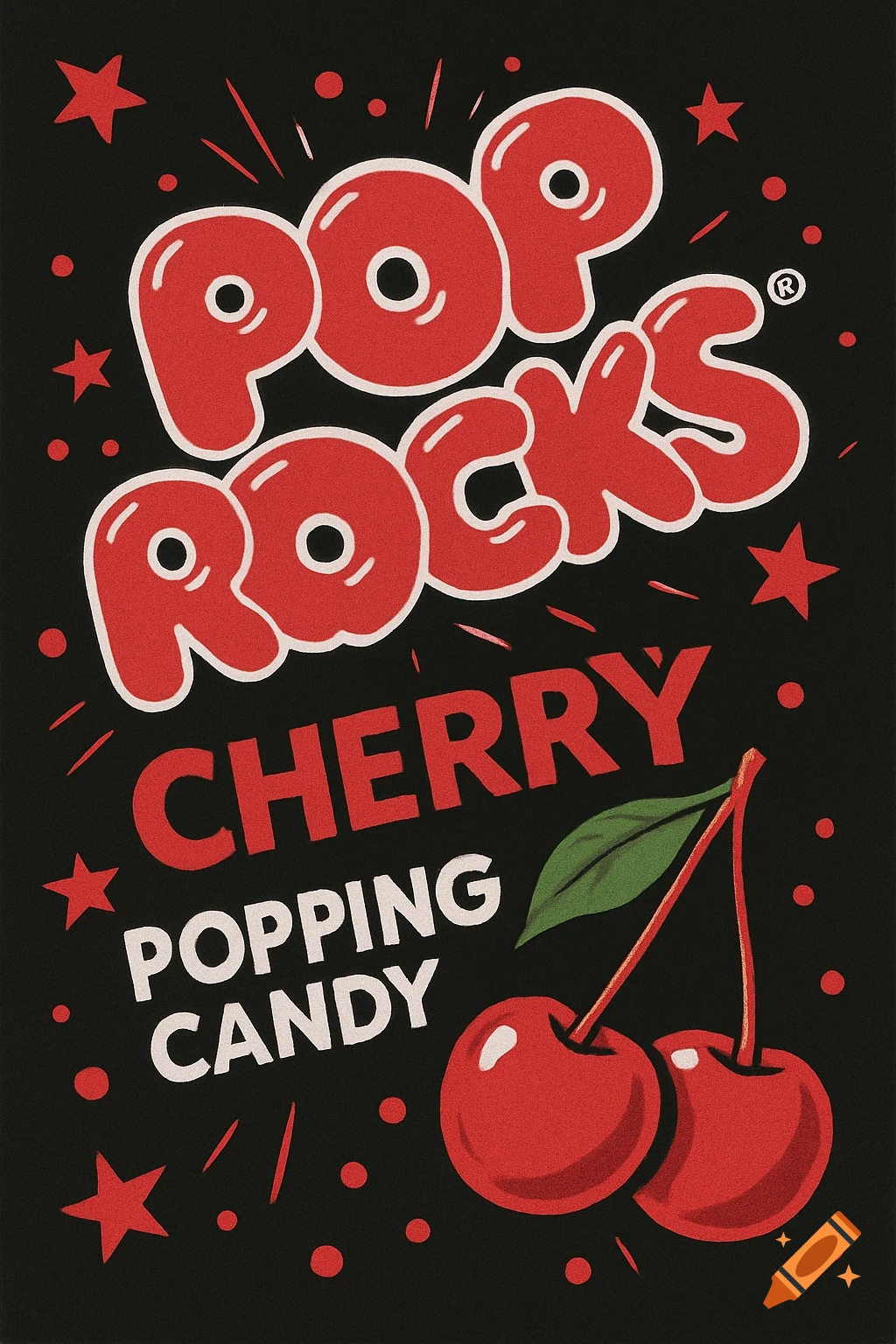 Logo for Pop Rocks Cherry Popping Candy with cherries and stars on black background.