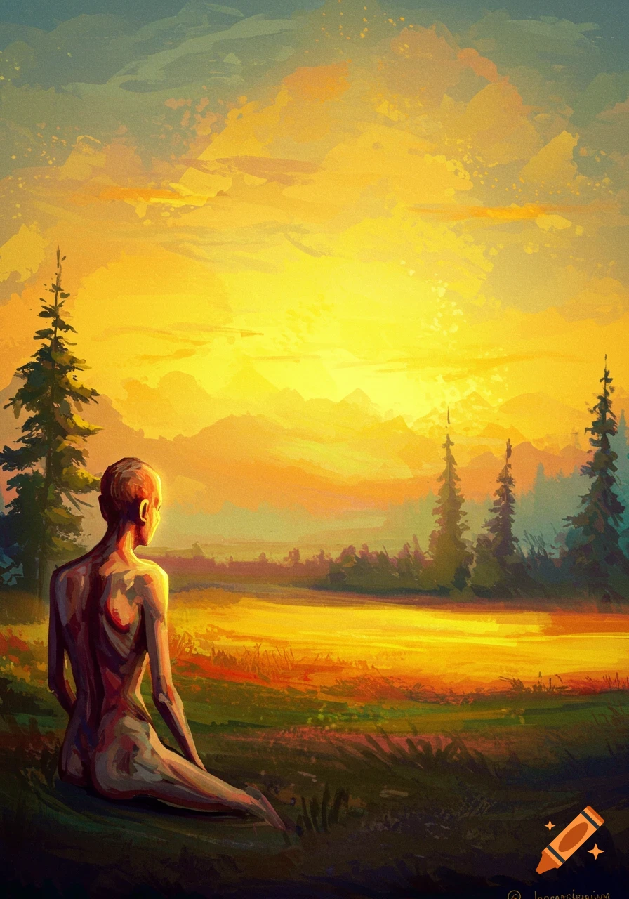 Painting of a figure seated in a field watching a vibrant sunset over mountains and trees.