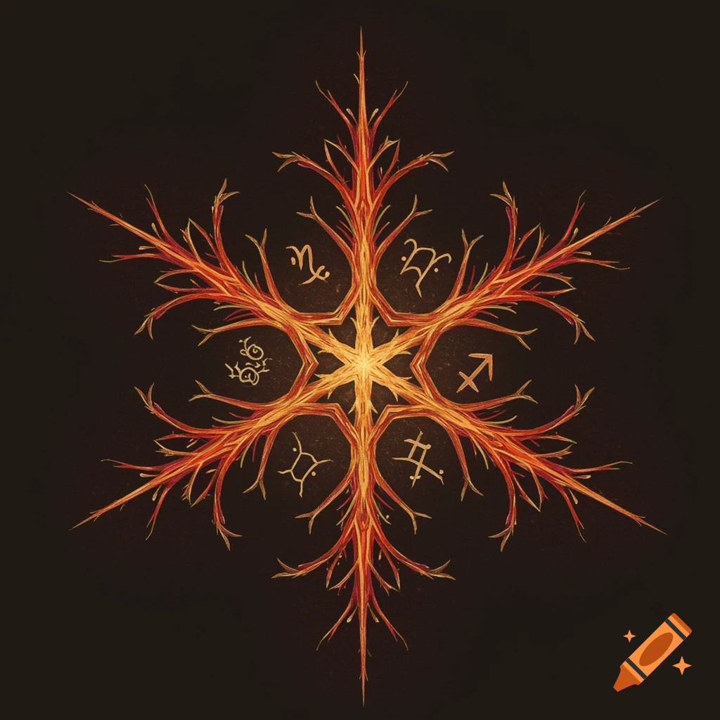 A symmetrical, stylized design with branch-like elements and zodiac symbols in warm colors on a dark background.
