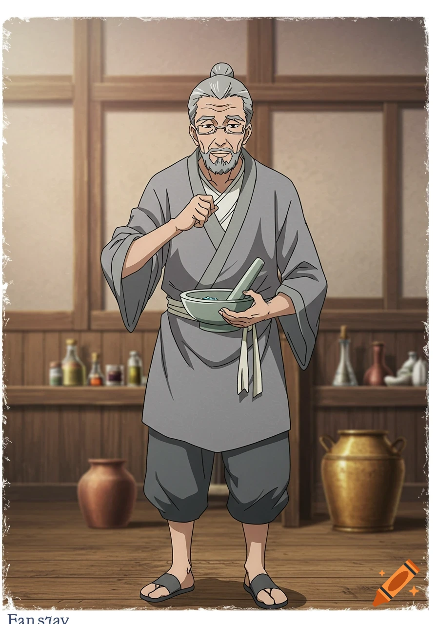 Anime illustration of an old man using a mortar and pestle in a traditional room.