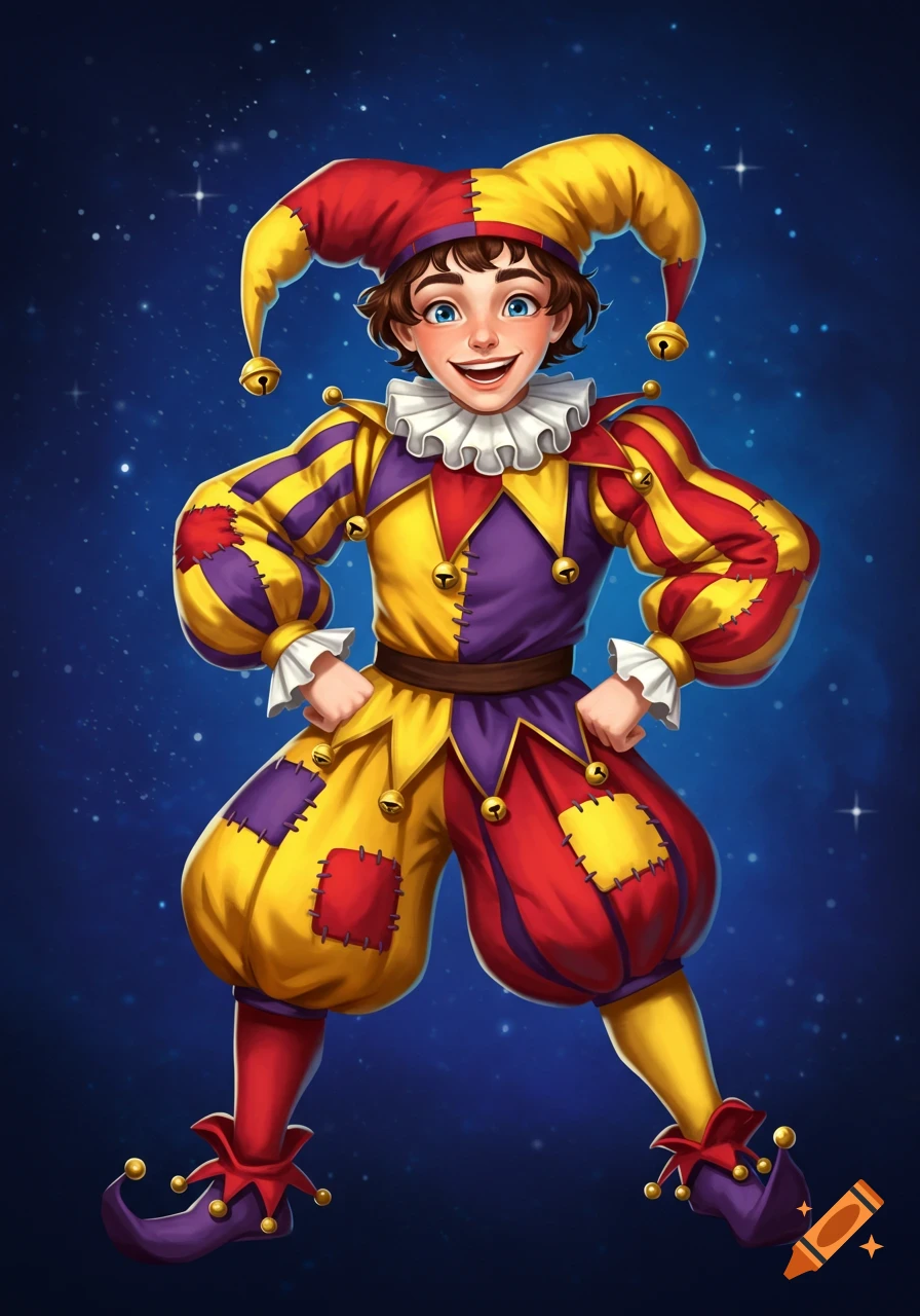 A young boy in a colorful jester costume smiles against a starry background.