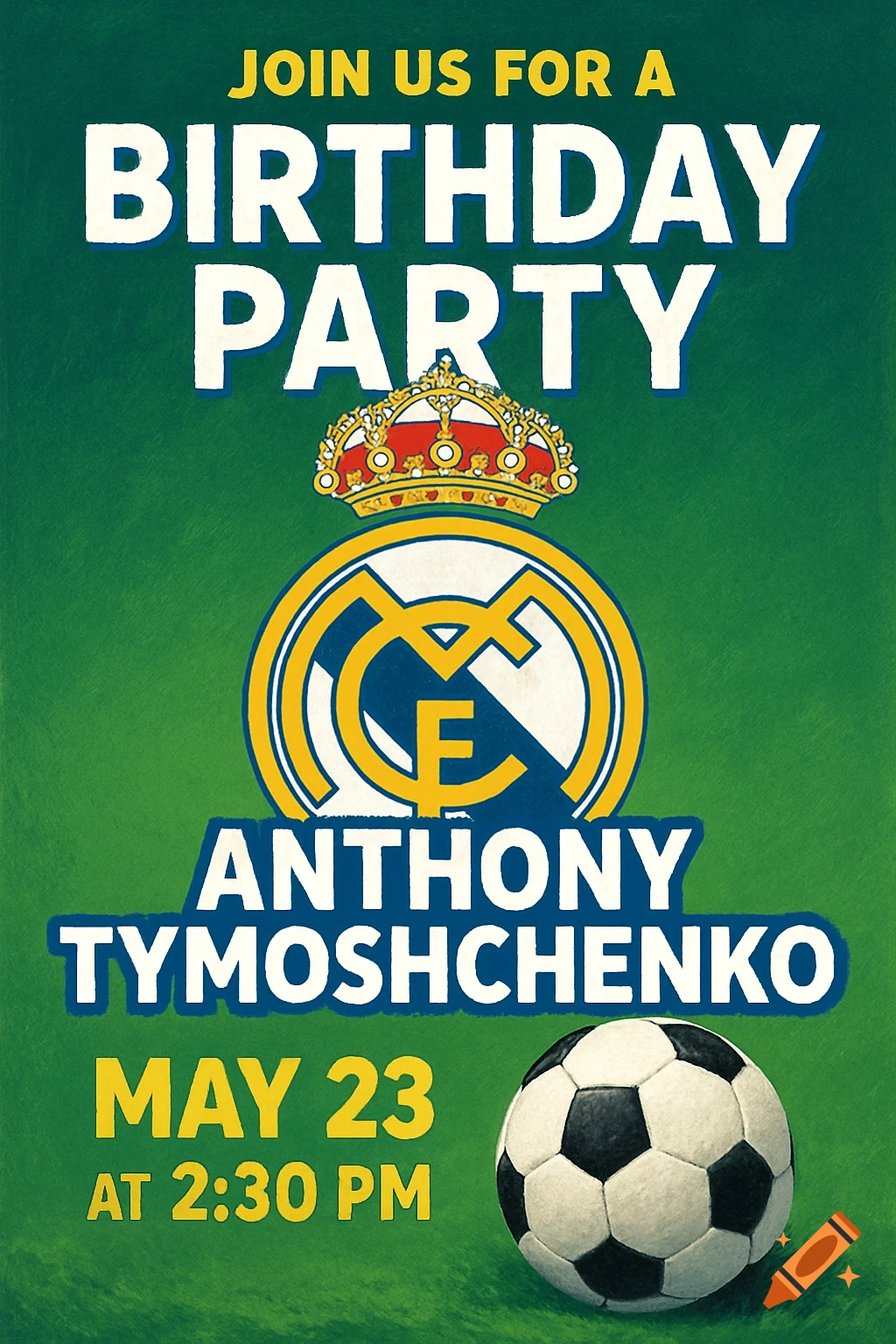 Birthday party invitation poster with Real Madrid logo and soccer ball on a green background.