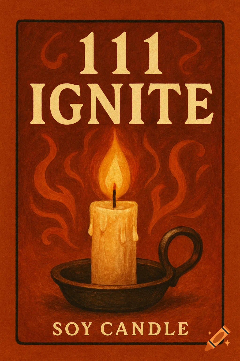 Illustration of a candle label with text '111 IGNITE' and 'SOY CANDLE' above a lit candle in a holder.