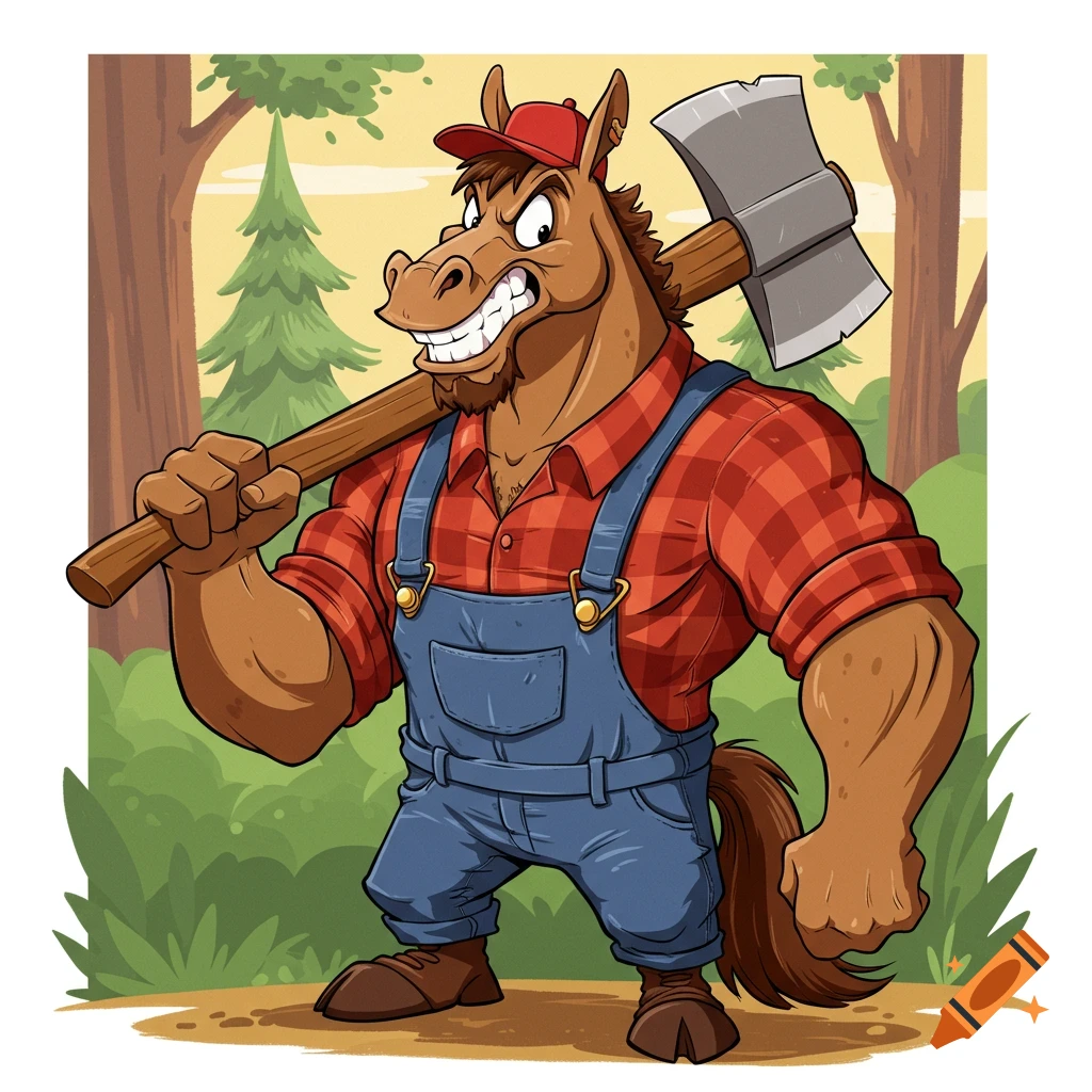 A muscly cartoon horse dressed as a lumberjack carrying an axe in a forest.