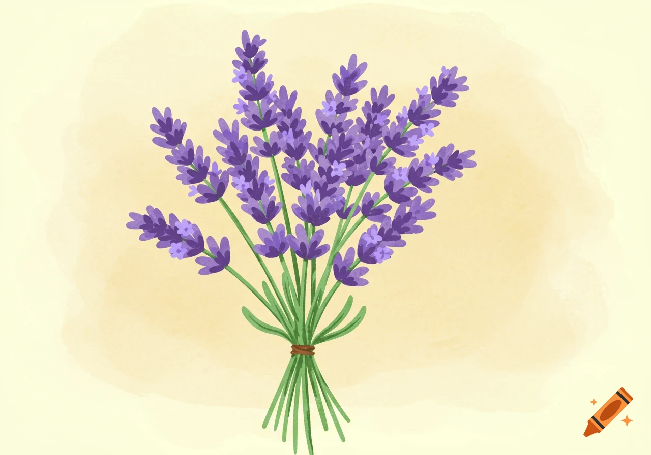 Watercolor illustration of a bouquet of lavender flowers tied with string.
