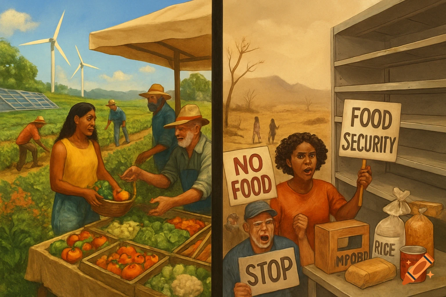 Split image: lush farm with solar panels & people, vs. dry landscape, empty shelves, & food security protestors.