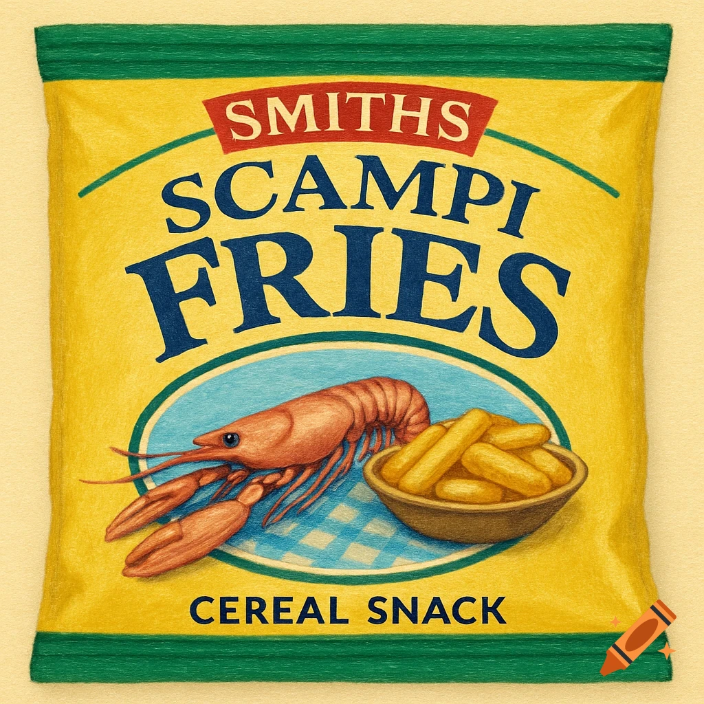 A yellow bag of Smiths Scampi Fries cereal snack, with an illustration of a prawn and fries in coloured pencil style.