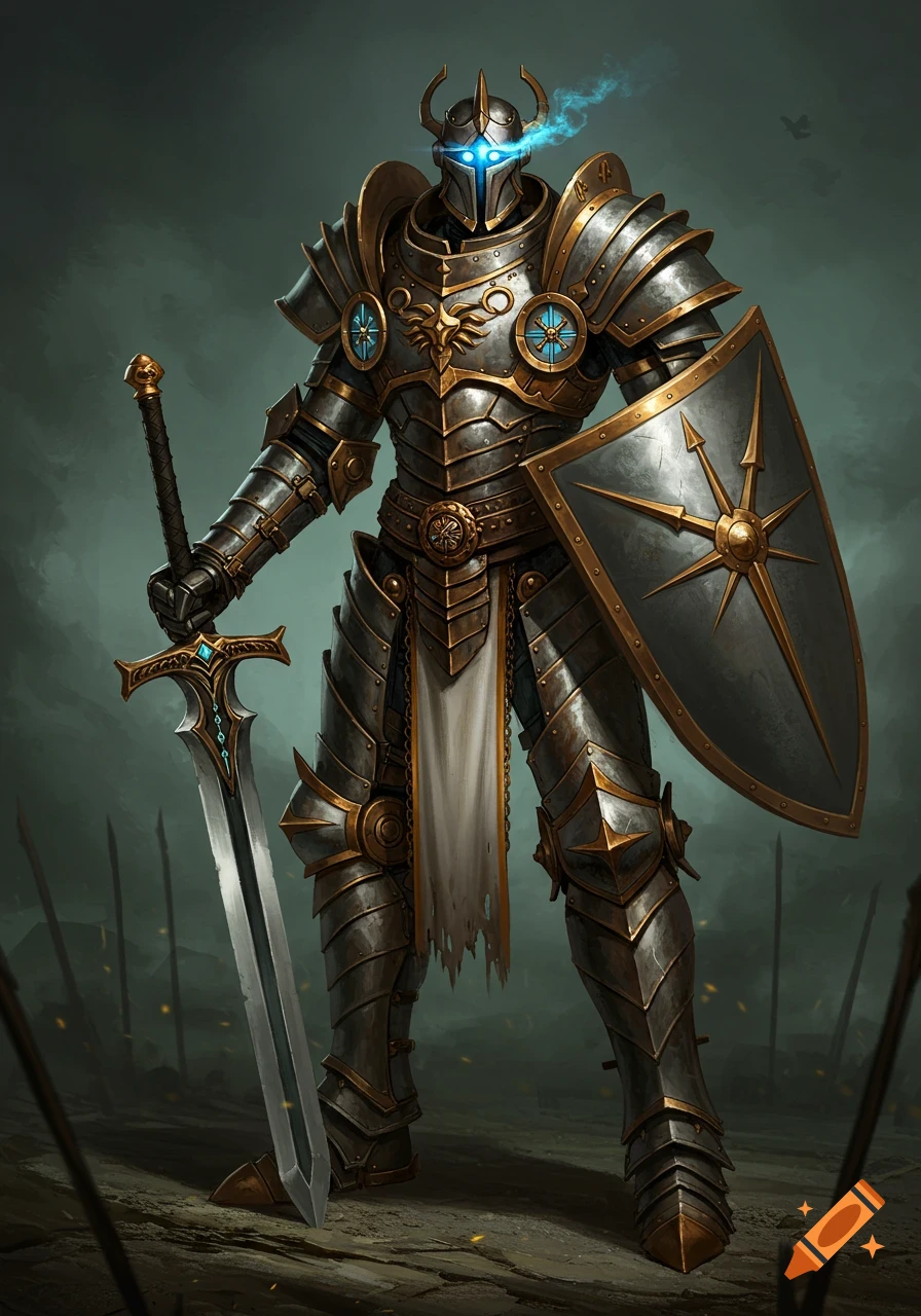 A heavily armored automaton knight stands with a sword and shield in a dark, misty field.