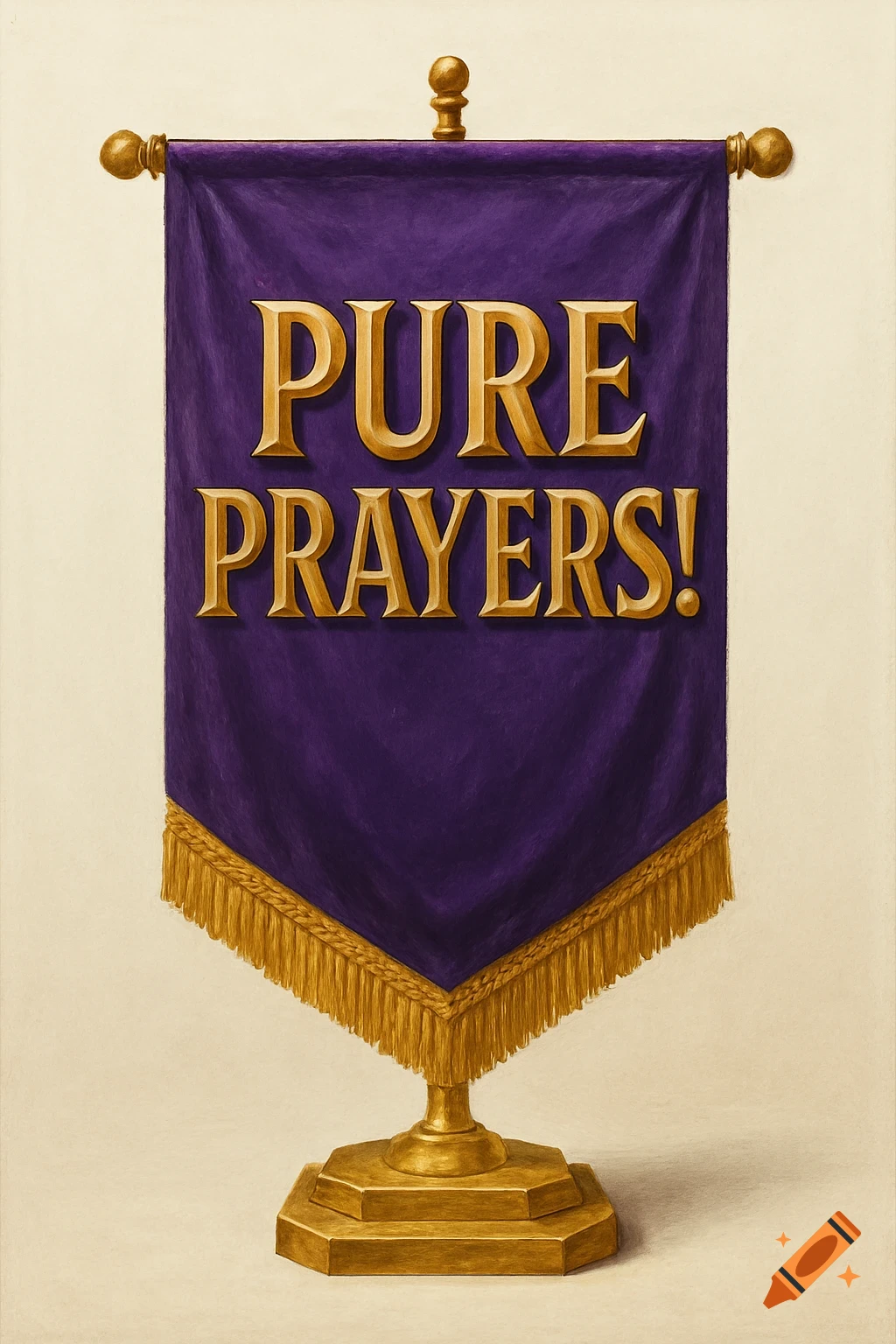 A royal purple banner with gold text saying 'PURE PRAYERS!' on a gold stand with gold fringe.
