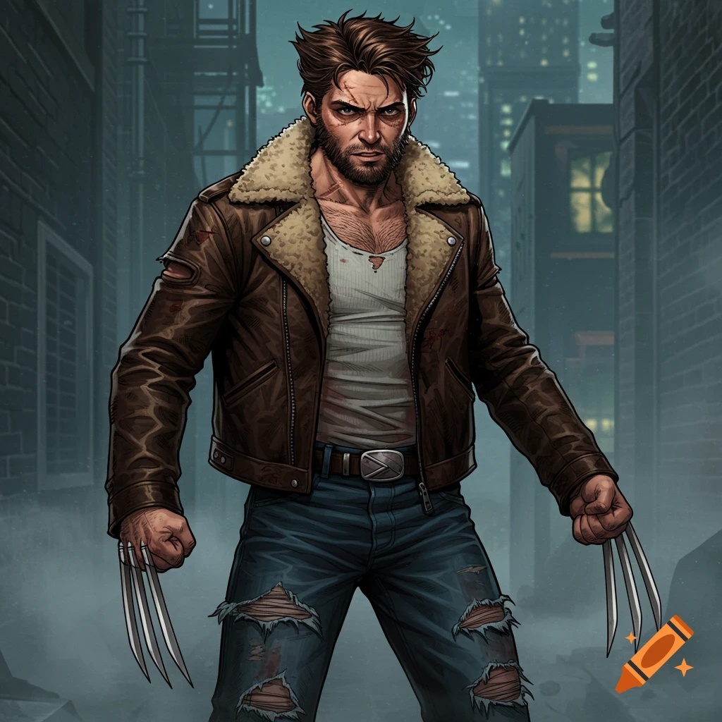 Stylized illustration of Wolverine standing in an alleyway with claws extended.