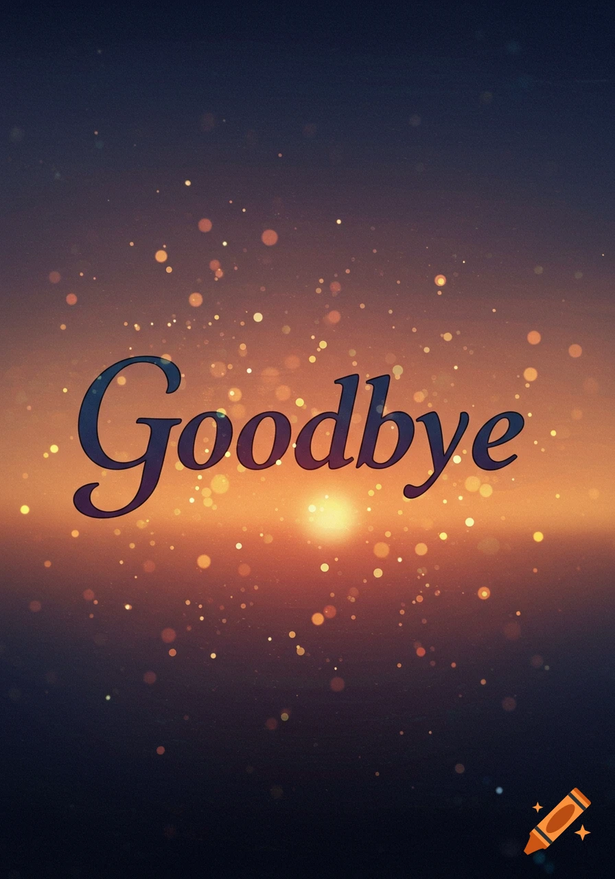 The word 'Goodbye' in cursive script over a sunset background with bokeh lights.