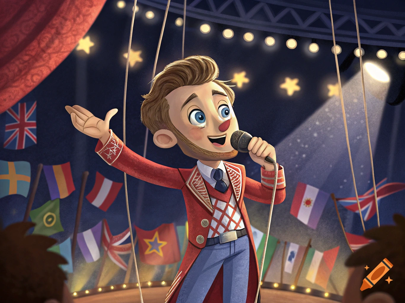Cartoon illustration of a puppet singer in a red coat holding a microphone on a stage surrounded by flags and lights.
