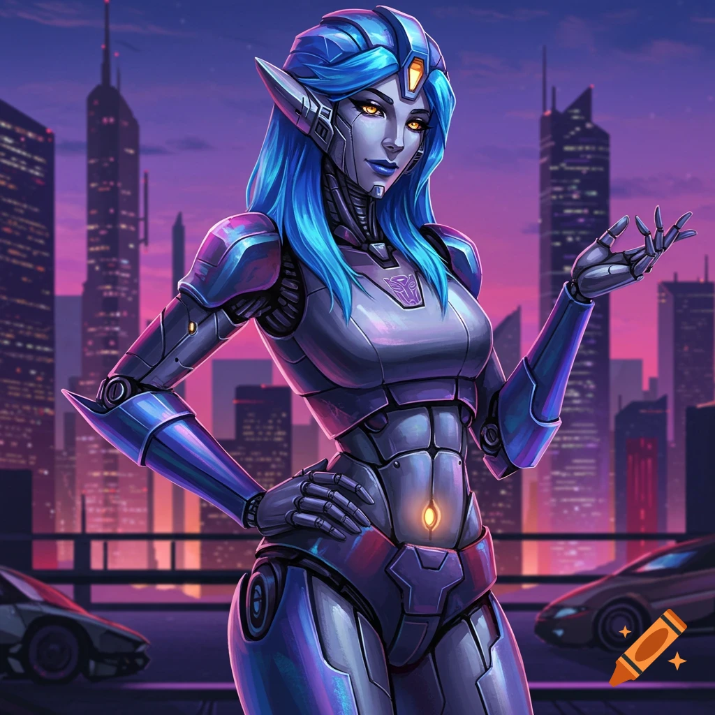 A human-like female Transformer robot with blue hair and metallic armor stands in a cyberpunk city.