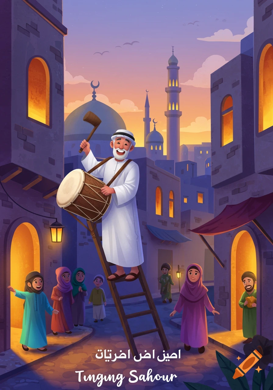 An illustration of a man on a ladder beating a drum in a street with children and adults, with buildings and mosques behind him at sunset.