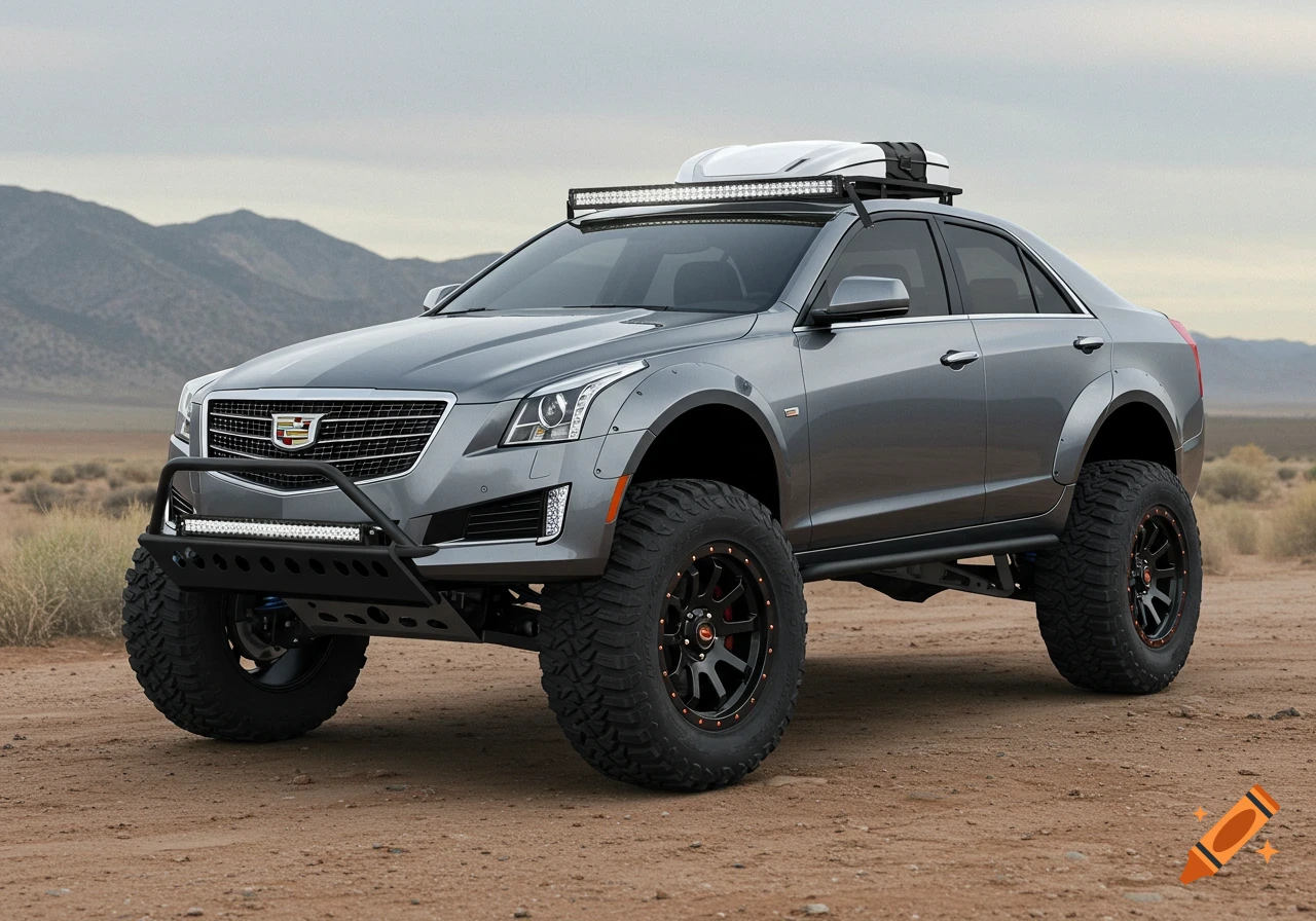 A gray Cadillac sedan modified for off-roading with large tires, brush guard, roof lights, and cargo box in a desert.