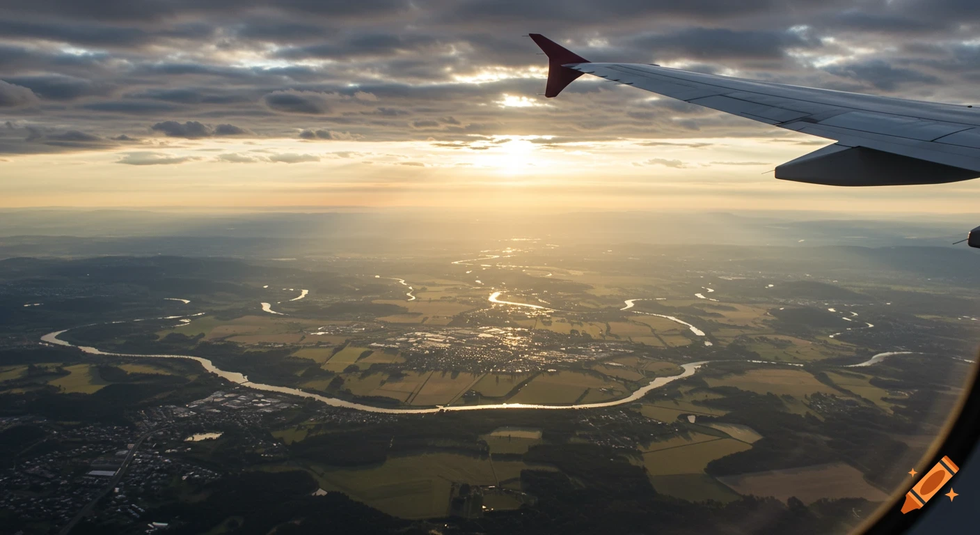 Aerial view from an airplane window showing a winding river through fields and towns at sunset.