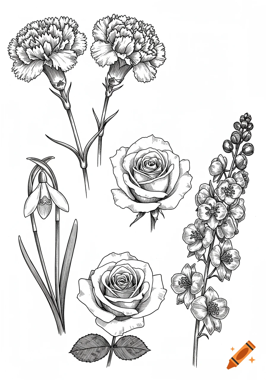 Black and white line drawing of assorted flowers including carnations, rose, snowdrop, and larkspur.