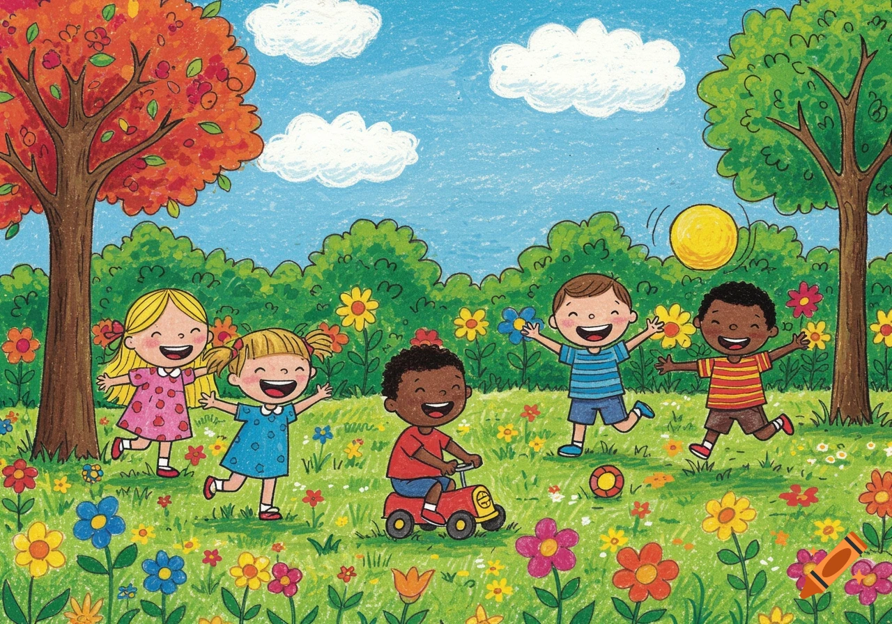 Crayon drawing of diverse children playing outdoors with a ball