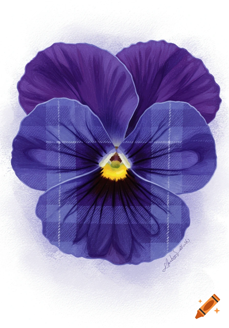 Illustration of a purple pansy flower with a blue plaid pattern on its petals.
