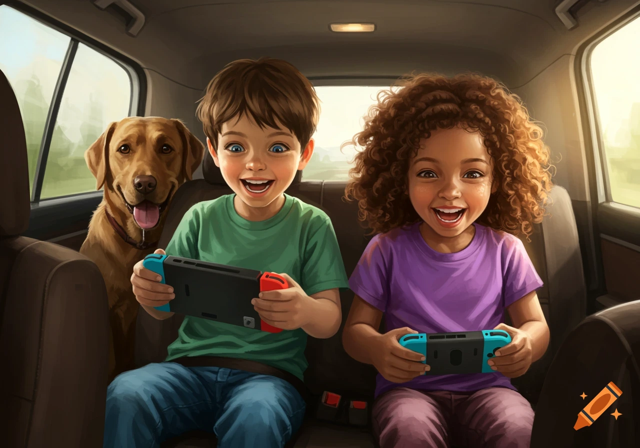 Two kids and a dog happily playing video games in the back of a car, digital illustration.