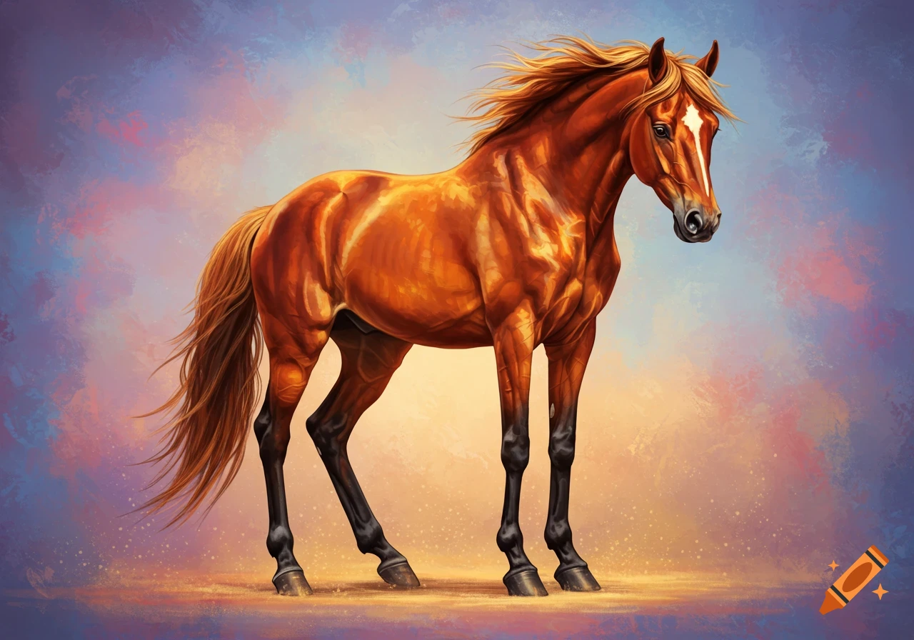 Digital painting of a brown horse standing against a colorful background