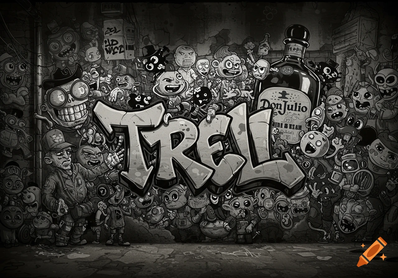 Black and white graffiti wall with cartoon characters, 'TRELL', and a Don Julio bottle.