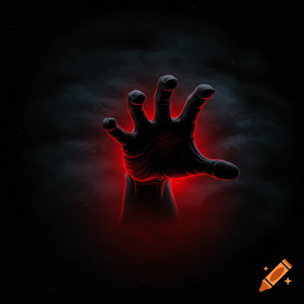 A black hand with a red aura reaches upward from the dark.