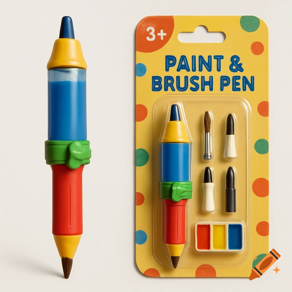 Photorealistic image of a colorful paint and brush pen tool next to its retail packaging showing interchangeable tips and paint samples.