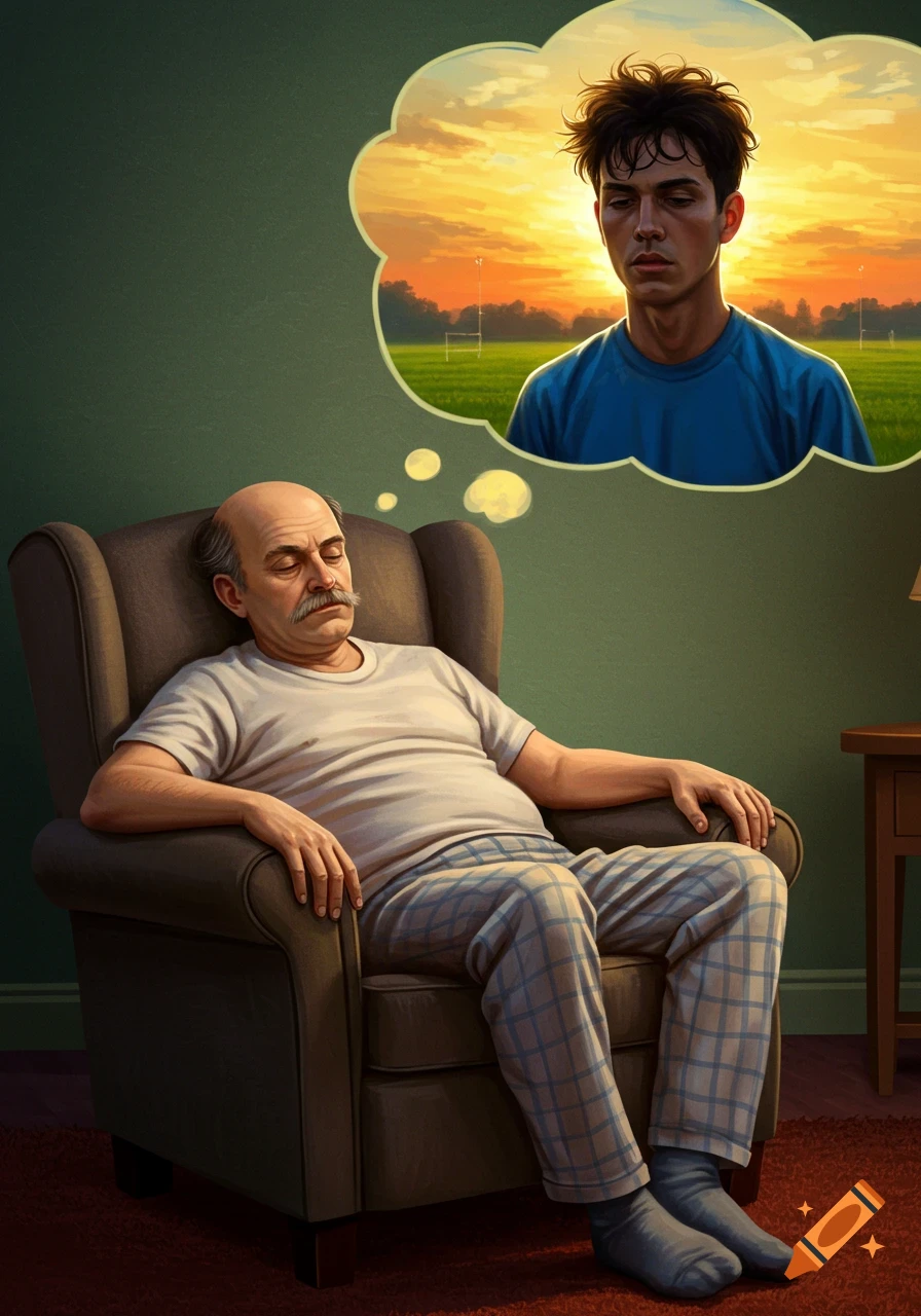 Old man asleep in an armchair, dreaming of a young man on a sports field at sunset, digital painting.