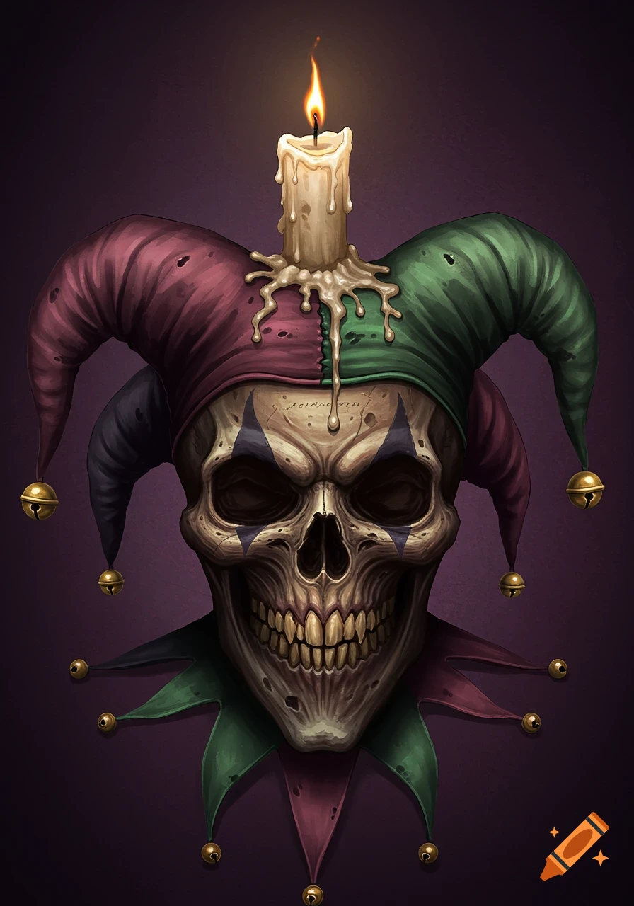 Dark illustration of a skull wearing a jester hat with a melting candle on top.