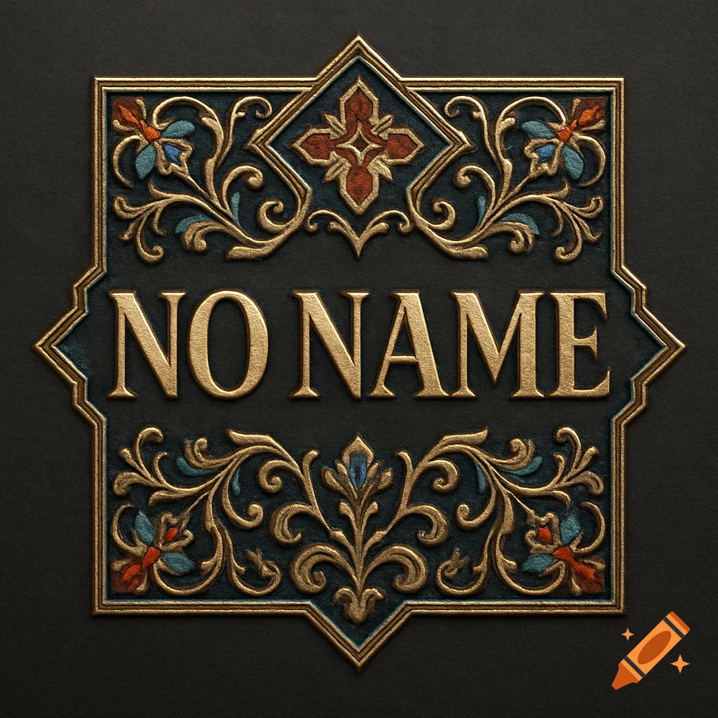 Luxury logo with embossed gold text "NO NAME" and detailed ornamental patterns in teal, red, and blue.