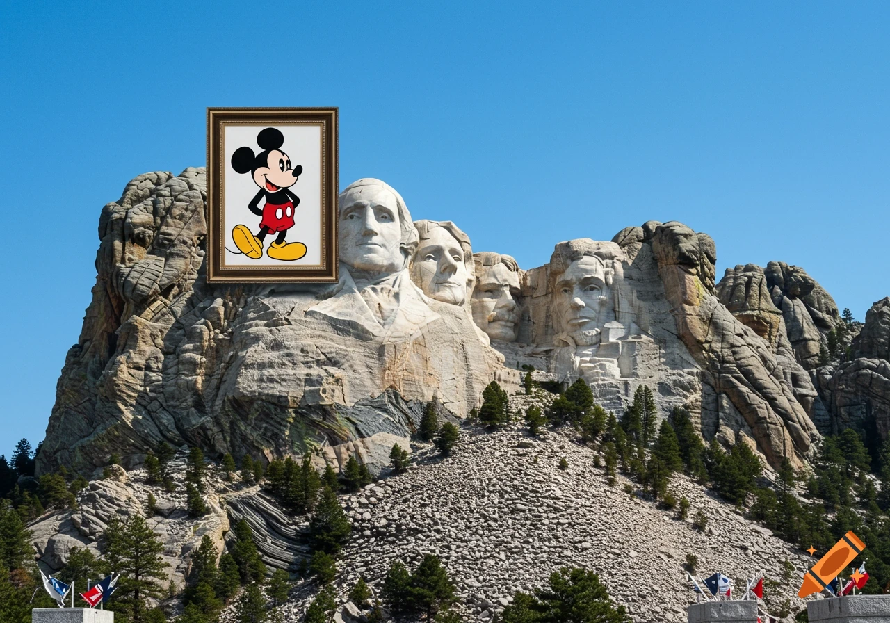 A framed picture of Mickey Mouse placed on Mount Rushmore