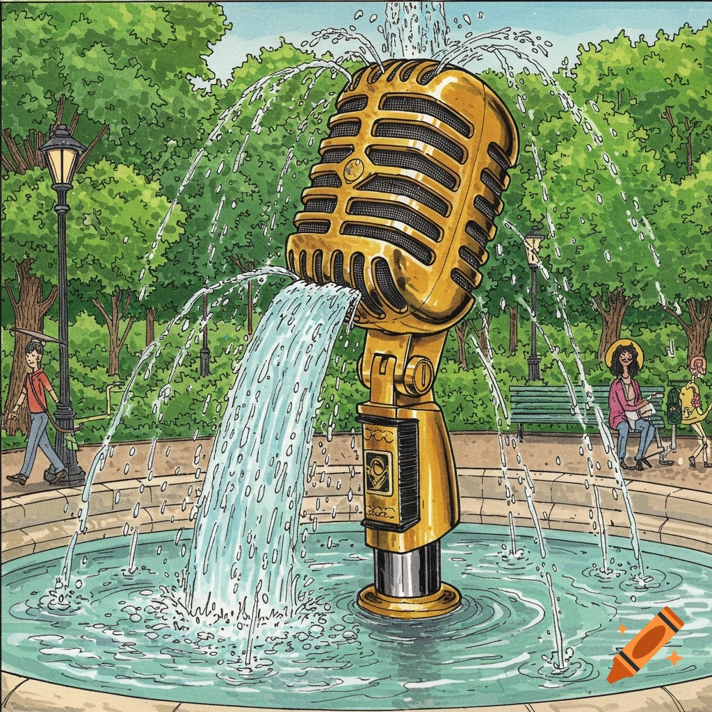 Drawing of a large golden microphone fountain in a park, with water flowing into a pool.