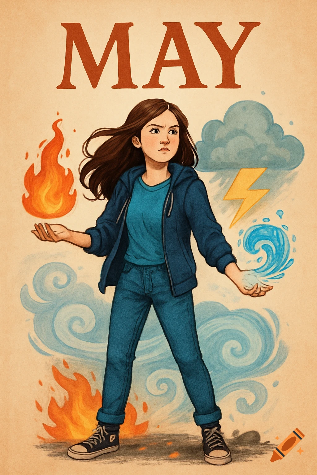 Illustrated book cover for MAY featuring a teenage girl controlling fire and water, with clouds and lightning around her.