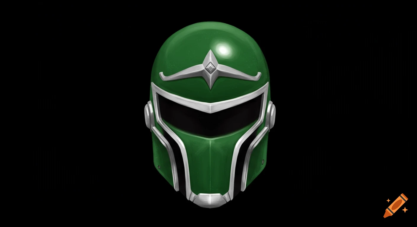 A green sci-fi helmet against a black background.