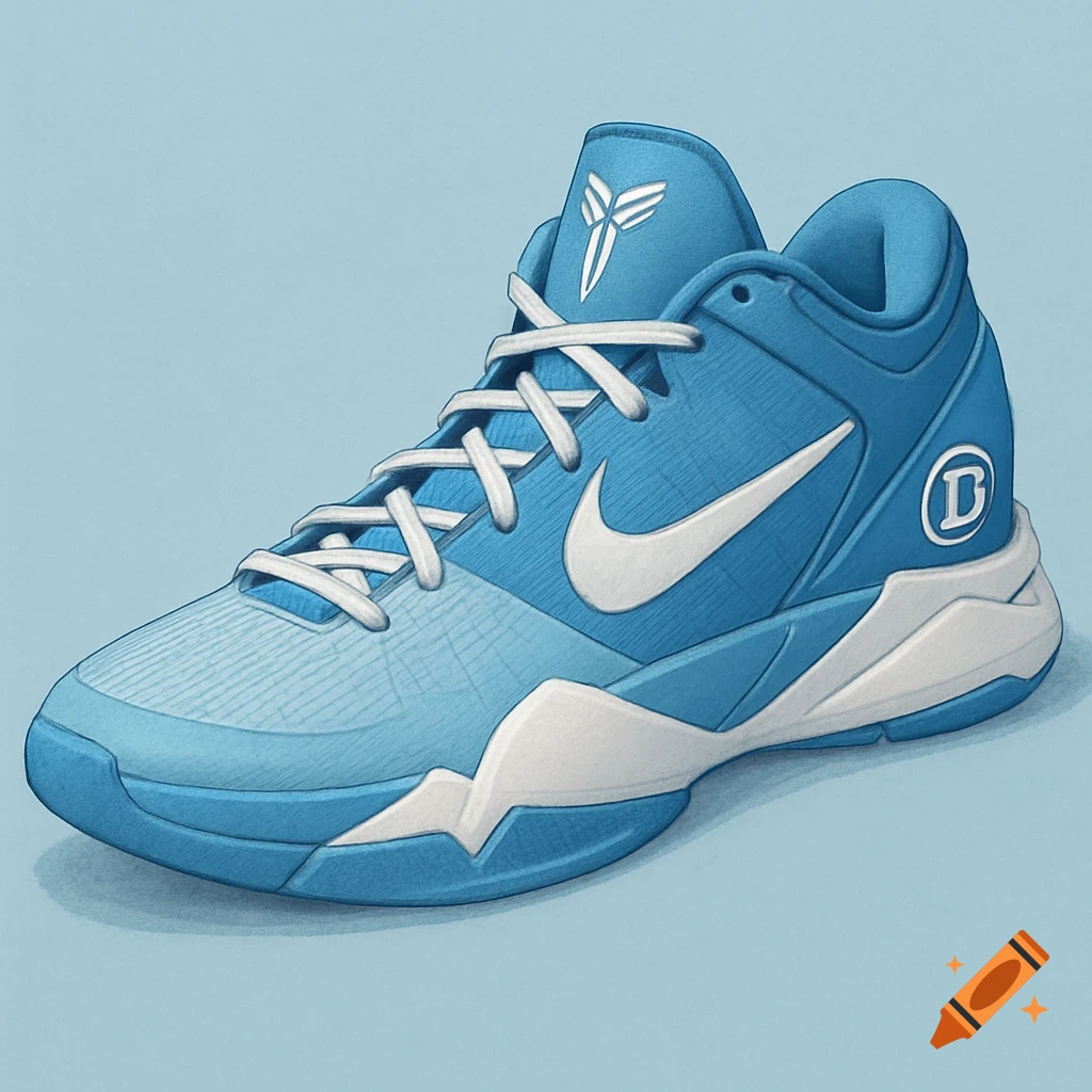 Illustration of a blue and white basketball shoe with a D logo.