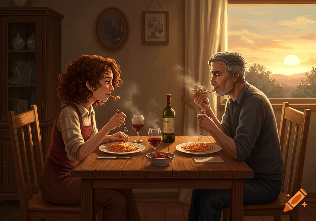 Two people eating spaghetti at a table indoors with a sunset outside the window.