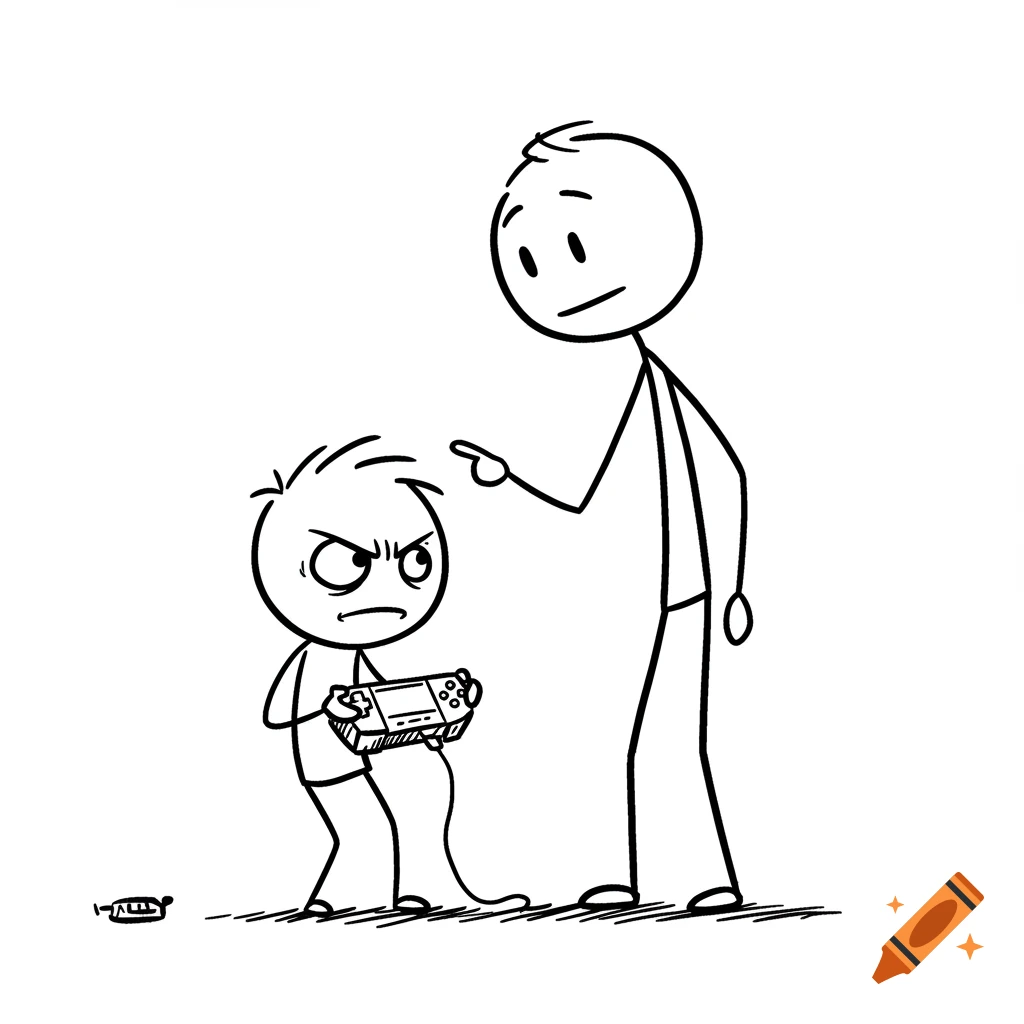 Stick figure drawing of a father pointing at his annoyed son holding a video game console.