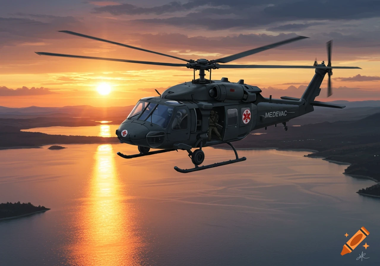 Medevac helicopter flying over a lake at sunset, digital painting.
