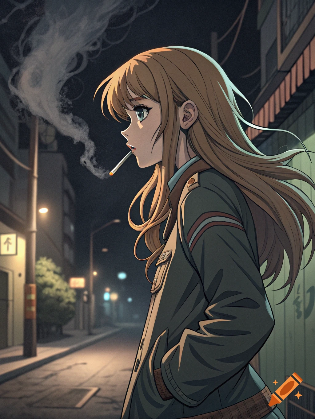 Anime girl smoking a cigarette on a city street at night.