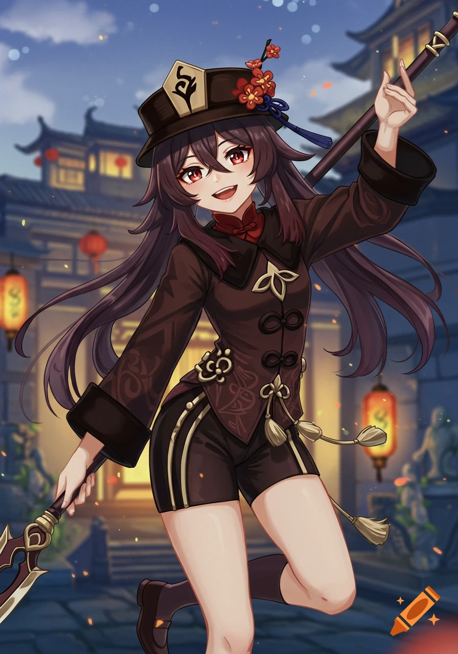 Hu Tao from Genshin Impact running with a staff in an illuminated village at night, anime style.