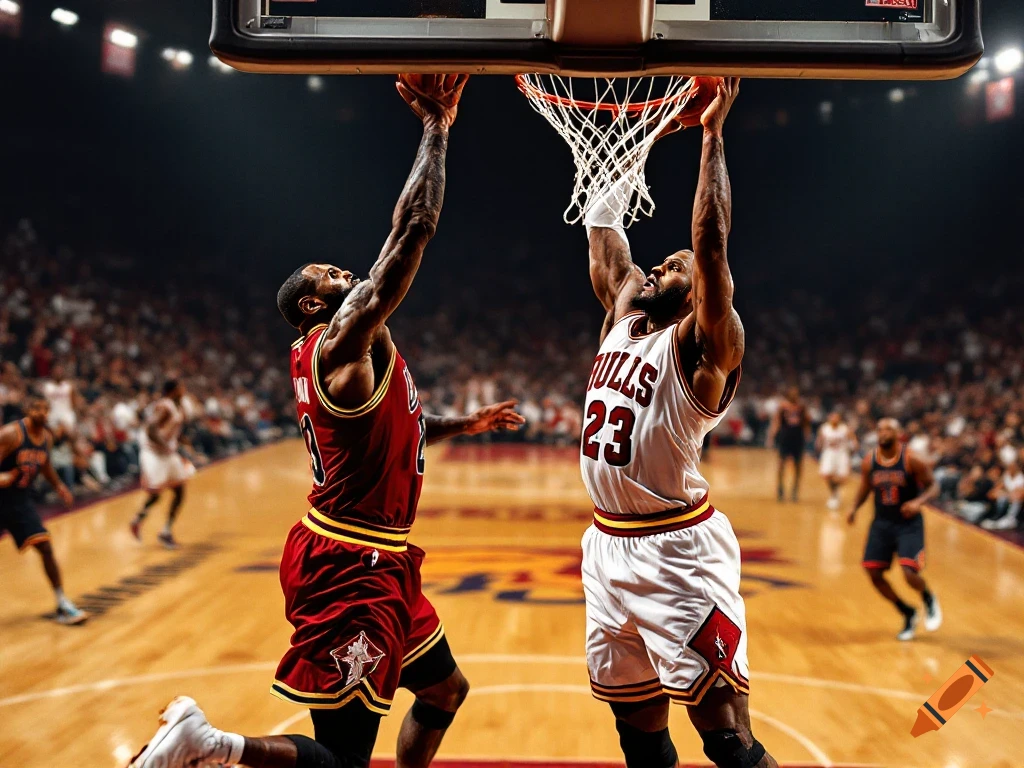 Two basketball players jump for a rebound at the hoop in a crowded arena, photorealistic style.