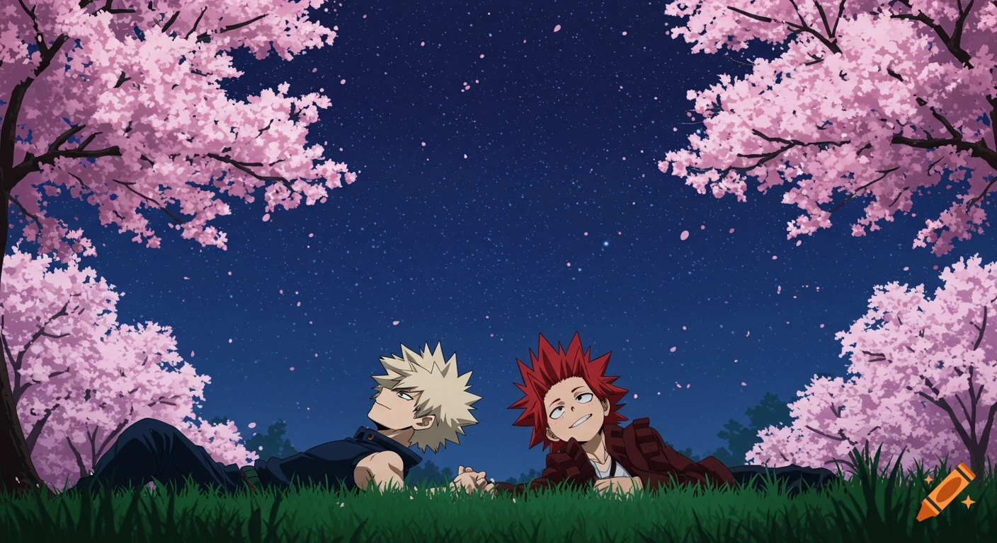 Bakugo and Kirishima from My Hero Academia lie under sakura trees watching stars
