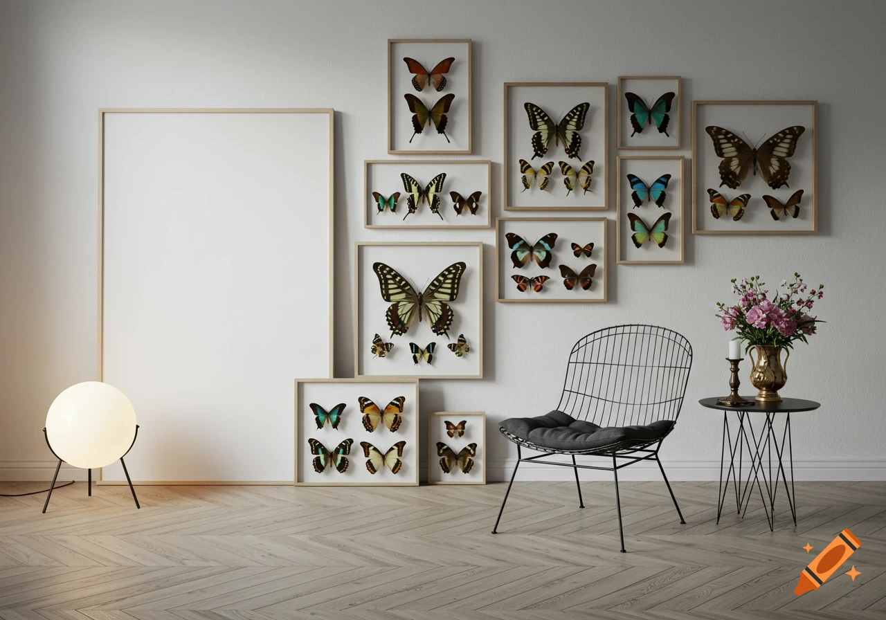 Realistic photograph of an interior room with framed butterfly art ...