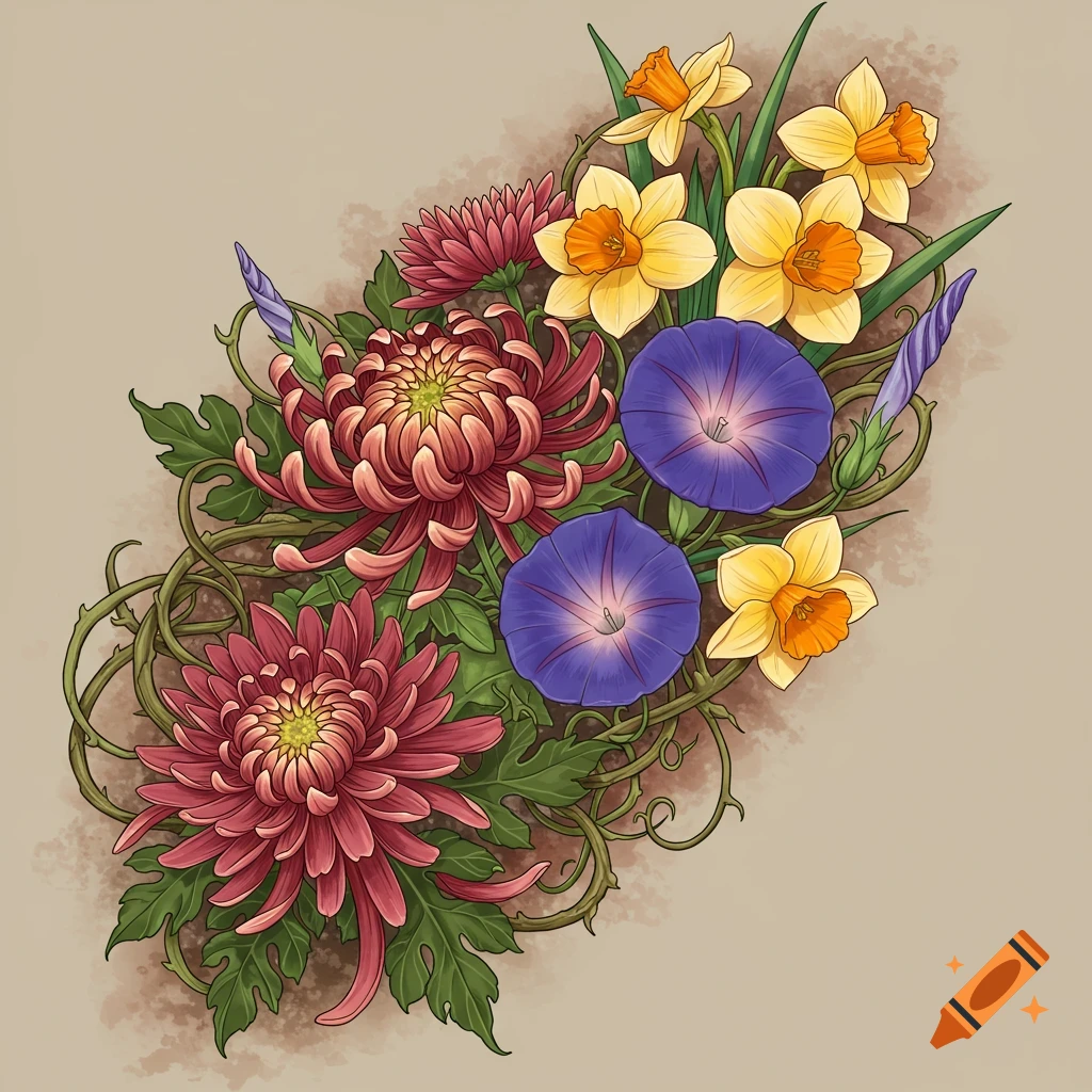 Tattoo design of a cluster of flowers including chrysanthemums, morning glories, and daffodils entwined with vines.