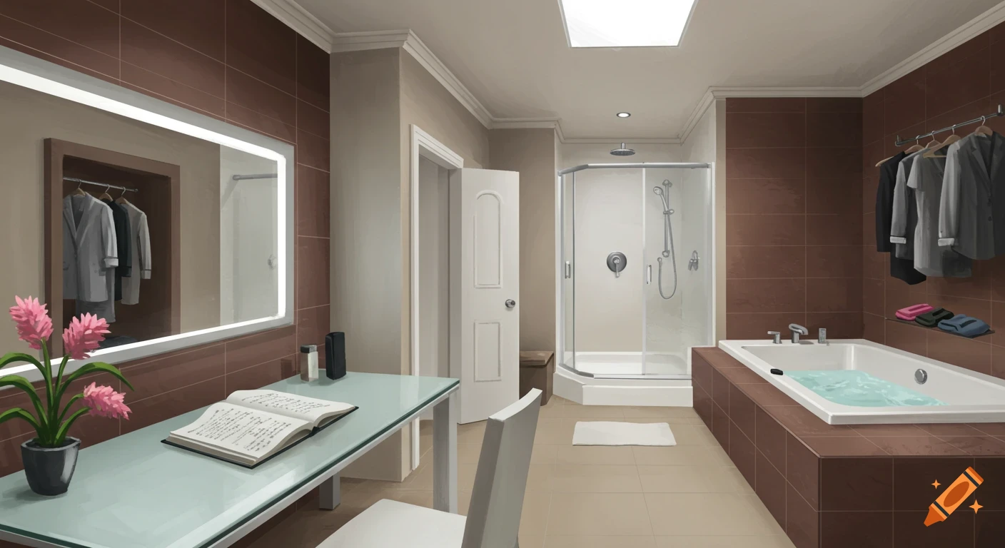 An illustration of a modern bathroom with a desk, open book, shower, and bathtub.