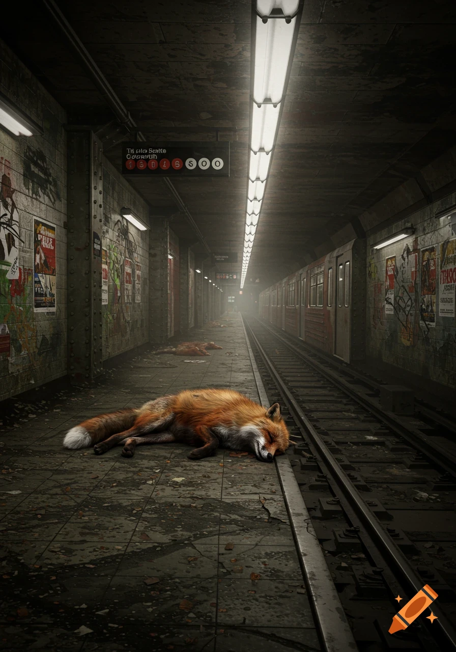 A dead fox lies on the grimy platform of a dimly lit subway station with tracks and a train.
