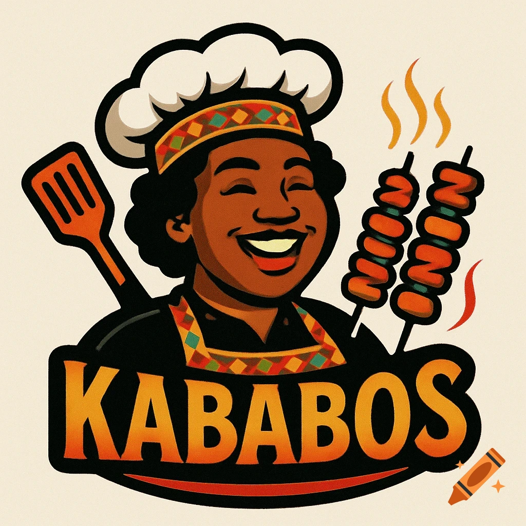 A cartoon logo of a happy chef holding skewers of food and a spatula, with the word KABABOS below.