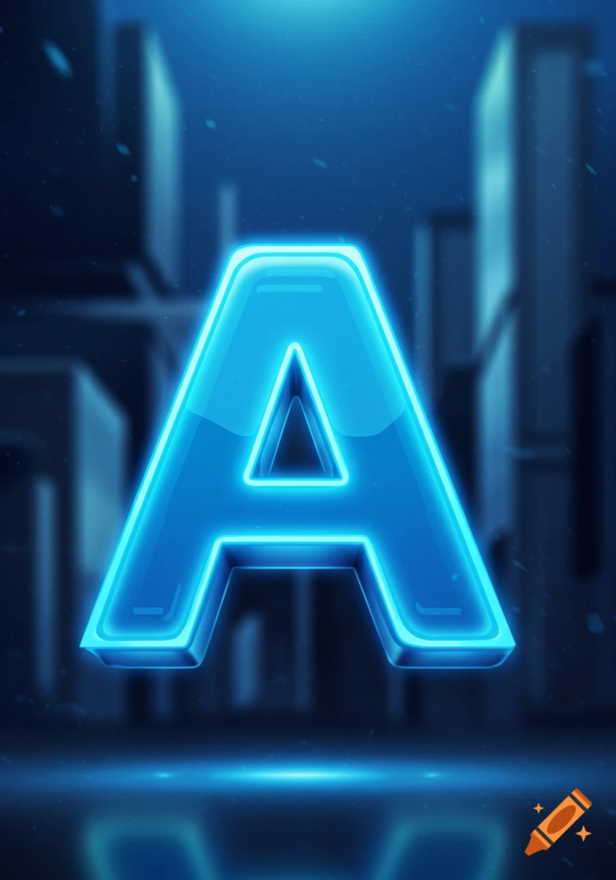 A large, glowing blue letter A in a futuristic, abstract setting.