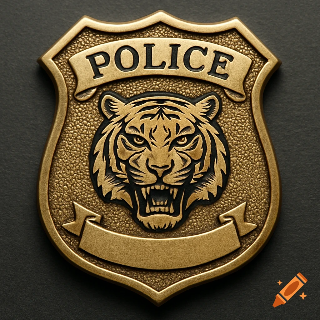 A golden police badge with a tiger head and 'POLICE' text.